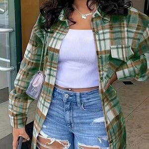 Green and White Plaid Button Down Shirt with Notched Collar